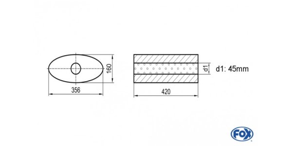 FOX Uni-Schalldämpfer oval ohne Stutzen - Abwicklung 818 356x160mm, d1Ø 45mm, Länge: 420mm