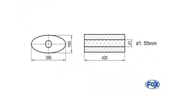 FOX Uni-Schalldämpfer oval ohne Stutzen - Abwicklung 818 356x160mm, d1Ø 55mm, Länge: 420mm