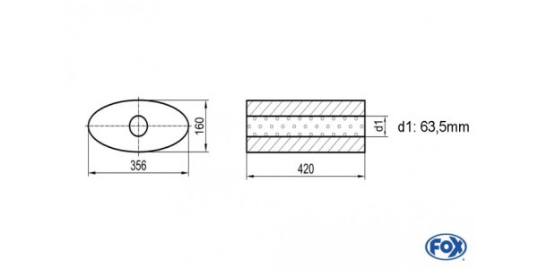 FOX Uni-Schalldämpfer oval ohne Stutzen - Abwicklung 818 356x160mm, d1Ø 63,5mm, Länge: 420mm