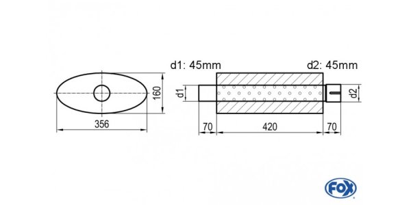 FOX Uni-Schalldämpfer oval mit Stutzen - Abwicklung 818 356x160mm, d1Ø 45mm d2Ø 45,5mm, Länge: 420mm