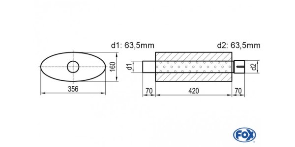 FOX Uni-Schalldämpfer oval mit Stutzen - Abwicklung 818 356x160mm, d1Ø 63,5mm d2Ø 64mm, Länge: 420mm