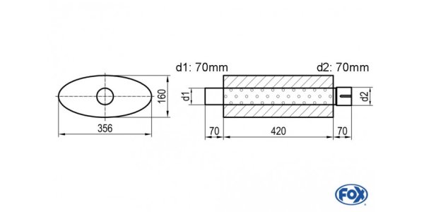 FOX Uni-Schalldämpfer oval mit Stutzen - Abwicklung 818 356x160mm, d1Ø 70mm d2Ø 70,5mm, Länge: 420mm