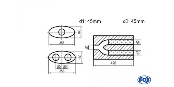 FOX Uni-Schalldämpfer oval zweiflutig mit Hose - Abwicklung 818 356x160mm, d1Ø 45mm d2Ø 40mm, Länge: 420mm