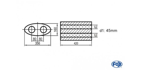 FOX Uni-Schalldämpfer oval zweiflutig - Abwicklung 818 356x160mm, d1Ø 45mm, Länge: 420mm