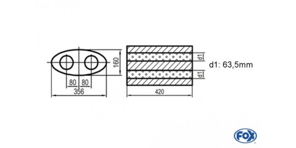 FOX Uni-Schalldämpfer oval zweiflutig - Abwicklung 818 356x160mm, d1Ø 63,5mm, Länge: 420mm