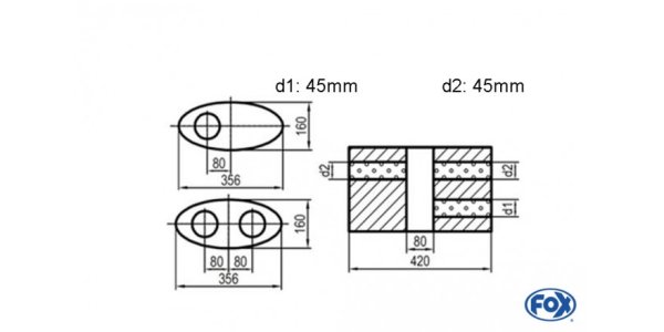 FOX Uni-Silencer oval double flow with chamber - Abw. 818 356x160mm, d1Ø 45mm d2Ø 40mm, length: 420mm - variant 1