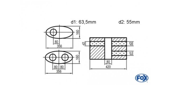 FOX Uni-Silencer oval double flow with chamber - Abw. 818 356x160mm, d1Ø 63,5mm d2Ø 55mm, length: 420mm - variant 1