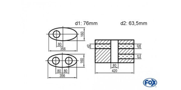 FOX Uni-Silencer oval double flow with chamber - Abw. 818 356x160mm, d1Ø 76mm d2Ø 63,5mm, length: 420mm - variant 1