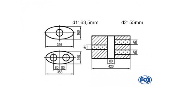 FOX Uni-Silencer oval double flow with chamber - Abw. 818 356x160mm, d1Ø 63,5mm d2Ø 55mm, length: 420mm - variant 2