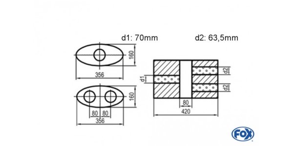 FOX Uni-Silencer oval double flow with chamber - Abw. 818 356x160mm, d1Ø 70mm d2Ø 60mm, length: 420mm - variant 2