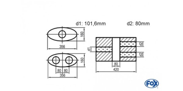 FOX Uni-Silencer oval double flow with chamber - Abw. 818 356x160mm, d1Ø 101,6mm d2Ø 80mm - length: 420mm - variant 2