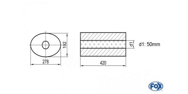 FOX Uni-Schalldämpfer oval ohne Stutzen - Abwicklung 754 278x192mm, d1Ø 50mm, Länge: 420mm