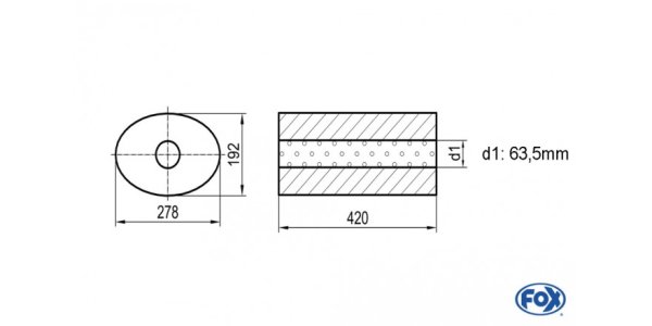 FOX Uni-Schalldämpfer oval ohne Stutzen - Abwicklung 754 278x192mm, d1Ø 63,5mm, Länge: 420mm