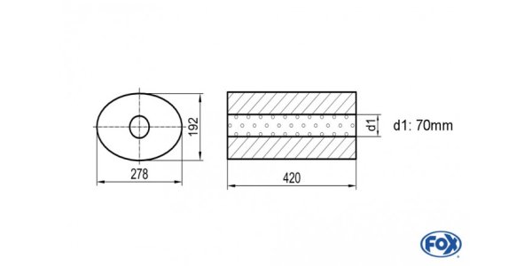 FOX Uni-Schalldämpfer oval ohne Stutzen - Abwicklung 754 278x192mm, d1Ø 70mm, Länge: 420mm