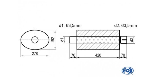 FOX Uni-Schalldämpfer oval mit Stutzen - Abwicklung 754 278x192mm, d1Ø 63,5mm d2Ø 63,5mm, Länge: 420mm