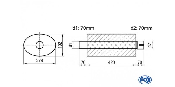 FOX Uni-Schalldämpfer oval mit Stutzen - Abwicklung 754 278x192mm, d1Ø 70mm d2Ø 70mm, Länge: 420mm