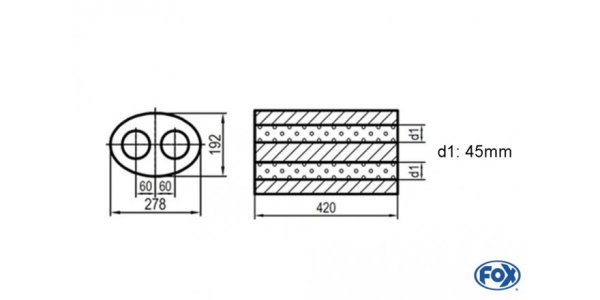 FOX Uni-Schalldämpfer oval zweiflutig - Abwicklung 754 278x192mm, d1Ø 45mm, Länge: 420mm