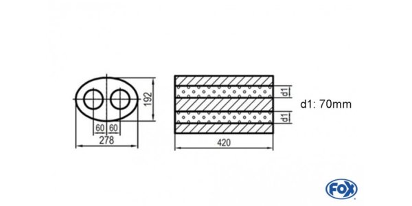 FOX Uni-Schalldämpfer oval zweiflutig - Abwicklung 754 278x192mm, d1Ø 70mm, Länge: 420mm