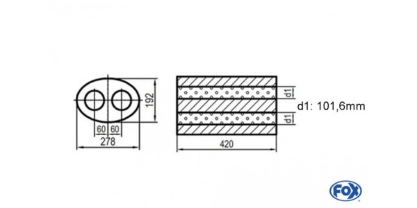 FOX Uni-Schalldämpfer oval zweiflutig - Abwicklung 754 278x192mm, d1Ø 101,6mm außen -, Länge: 420mm