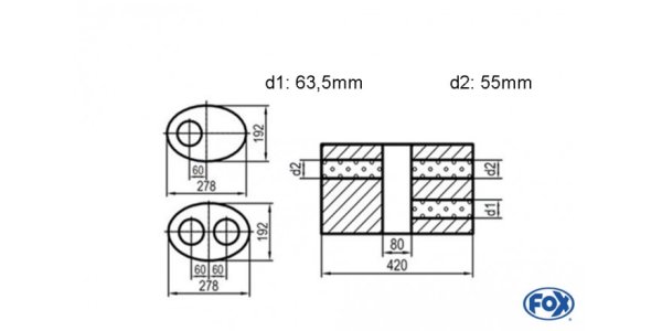 FOX Uni-Schalldämpfer oval zweiflutig mit Kammer - Abw. 754 278x192mm, d1Ø 63,5mm d2Ø 55mm, Länge: 420mm - Variante 1