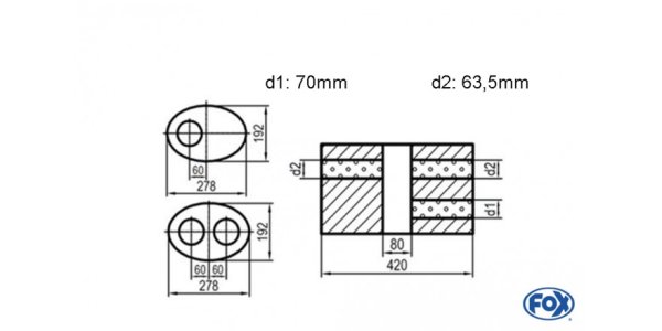 FOX Uni-Schalldämpfer oval zweiflutig mit Kammer - Abw. 754 278x192mm, d1Ø 70mm d2Ø 60mm, Länge: 420mm - Variante 1