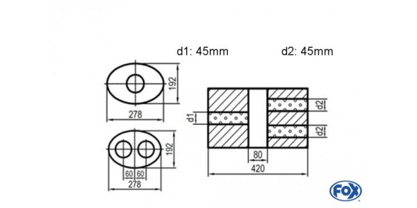 FOX Uni-Silencer oval double flow with chamber - Abw. 754 278x192mm, d1Ø 45mm d2Ø 40mm, length: 420mm - variant 2