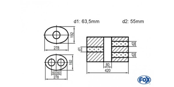 FOX Uni-Silencer oval double flow with chamber - Abw. 754 278x192mm, d1Ø 63,5mm d2Ø 55mm, length: 420mm - variant 2