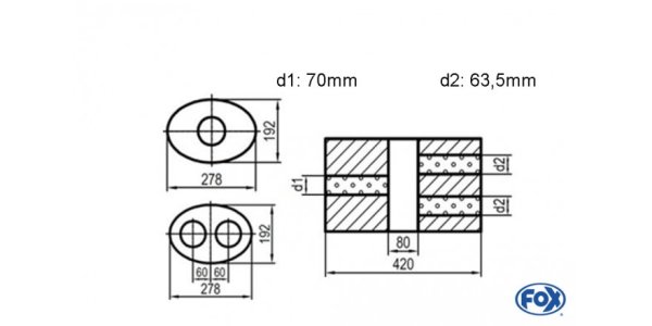 FOX Uni-Silencer oval double flow with chamber - Abw. 754 278x192mm, d1Ø 70mm d2Ø 60mm, length: 420mm - variant 2