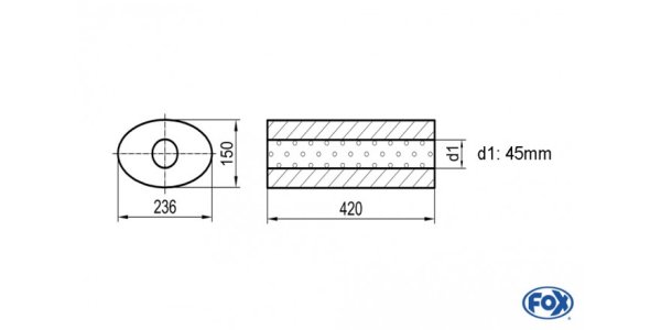 FOX Uni-Schalldämpfer oval ohne Stutzen - Abwicklung 618 236x150mm, d1Ø 45mm, Länge: 420mm