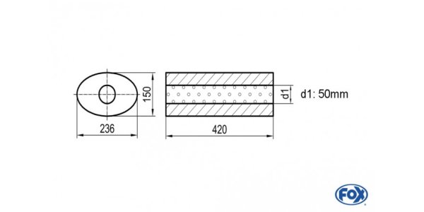 FOX Uni-Schalldämpfer oval ohne Stutzen - Abwicklung 618 236x150mm, d1Ø 50mm, Länge: 420mm