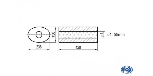 FOX Uni-Schalldämpfer oval ohne Stutzen - Abwicklung 618 236x150mm, d1Ø 55mm, Länge: 420mm