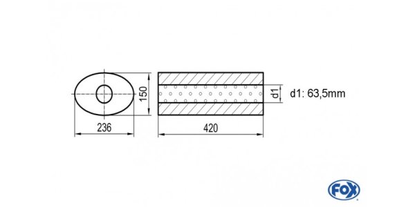 FOX Uni-Schalldämpfer oval ohne Stutzen - Abwicklung 618 236x150mm, d1Ø 63,5mm, Länge: 420mm