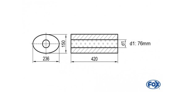 FOX Uni-Schalldämpfer oval ohne Stutzen - Abwicklung 618 236x150mm, d1Ø 76mm, Länge: 420 mm