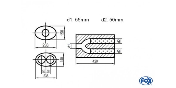 FOX Uni-Schalldämpfer oval zweiflutig mit Hose - Abwicklung 618 236x150mm, d1Ø 55mm d2Ø 50mm, Länge: 420mm