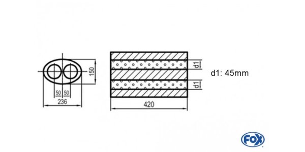 FOX Uni-Silencer oval double flow - completion 618 236x150mm, d1Ø 45mm, length: 420mm