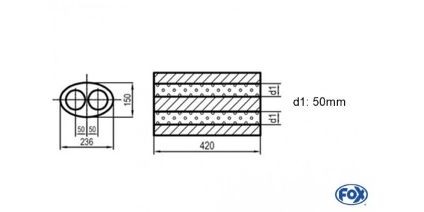 FOX Uni-Silencer oval double flow - completion 618 236x150mm, d1Ø 50mm, length: 420mm