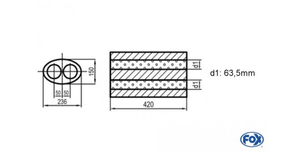 FOX Uni-Schalldämpfer oval zweiflutig - Abwicklung 618 236x150mm, d1Ø 63,5mm, Länge: 420mm