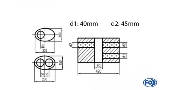 FOX Uni-Schalldämpfer oval zweiflutig mit Kammer -Abwicklung 618 236x150mm, d1Ø 45mm d2Ø 40mm, Länge: 420mm - Variante 1