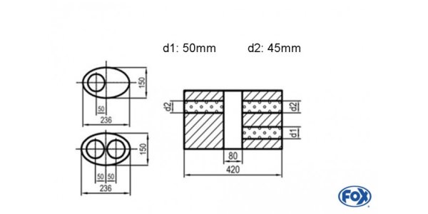 FOX Uni-Schalldämpfer oval zweiflutig mit Kammer -Abwicklung 618 236x150mm, d1Ø 50mm d2Ø 45mm, Länge: 420mm - Variante 1