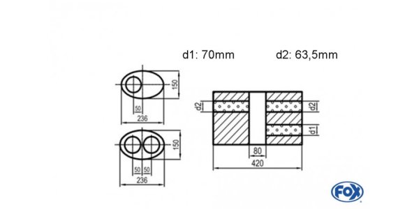 FOX Uni-Silencer oval double flow with chamber -completion 618 236x150mm, d1Ø 70mm d2Ø 60mm, length: 420mm - variant 1