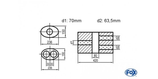 FOX Uni-Silencer oval double flow with chamber - Abw. 618 236x150mm, d1Ø 70mm d2Ø 60mm, length: 420mm - variant 2