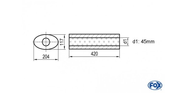 FOX Uni-Schalldämpfer oval ohne Stutzen - Abwicklung 525 204x117mm, d1Ø 45mm, Länge: 420mm