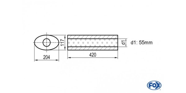 FOX Uni-Schalldämpfer oval ohne Stutzen - Abwicklung 525 204x117mm, d1Ø 55mm, Länge: 420mm