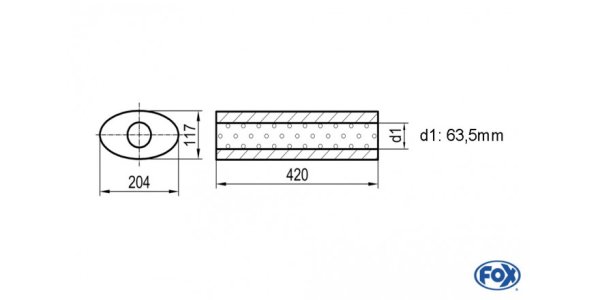 FOX Uni-Schalldämpfer oval ohne Stutzen - Abwicklung 525 204x117mm, d1Ø 63,5mm, Länge: 420mm