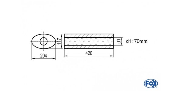 FOX Uni-Schalldämpfer oval ohne Stutzen - Abwicklung 525 204x117mm, d1Ø 70mm, Länge: 420mm