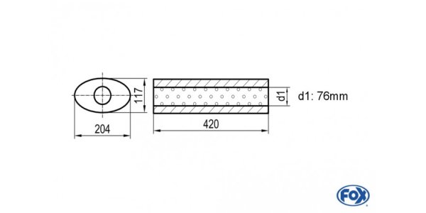 FOX Uni-Schalldämpfer oval ohne Stutzen - Abwicklung 525 204x117mm, d1Ø 76mm, Länge: 420mm