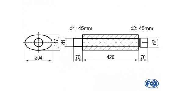 FOX Uni-Schalldämpfer oval mit Stutzen - Abwicklung 525 204x117mm, d1Ø 45mm d2Ø 45,5mm, Länge: 420mm