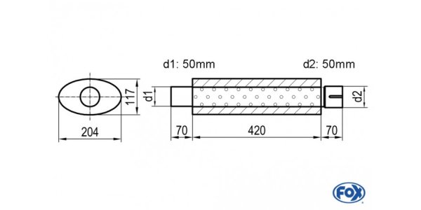 FOX Uni-Schalldämpfer oval mit Stutzen - Abwicklung 525 204x117mm, d1Ø 50mm d2Ø 50,5mm, Länge: 420mm