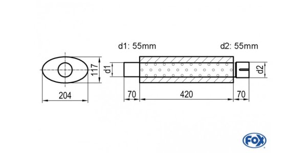 FOX Uni-Schalldämpfer oval mit Stutzen - Abwicklung 525 204x117mm, d1Ø 55mm d2Ø 55,5mm, Länge: 420mm