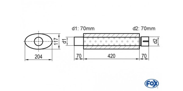 FOX Uni-Schalldämpfer oval mit Stutzen - Abwicklung 525 204x117mm, d1Ø 70mm d2Ø 70,5mm, Länge: 420mm